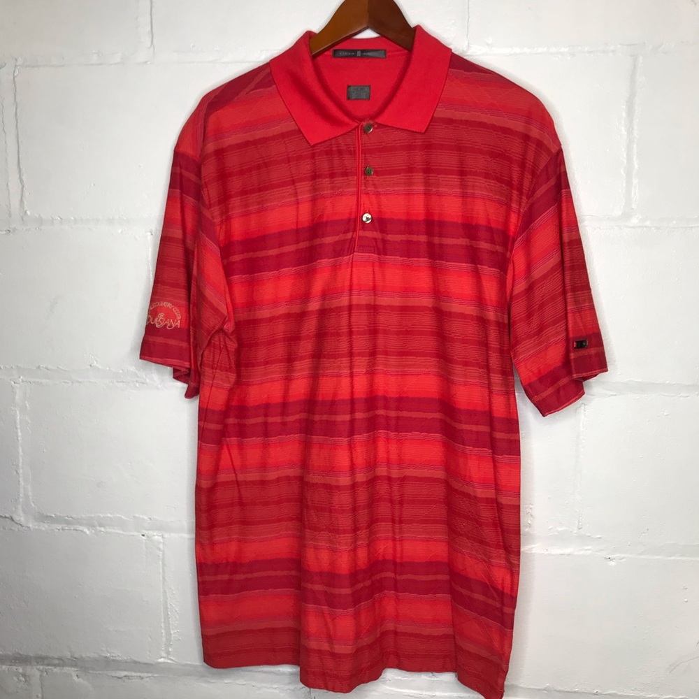 Tiger Woods Men's Large 100% Cotton Red Orange Striped Golf Shirt Louisiana